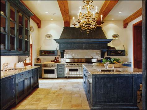 rustic distressed blue kitchen cabinets.